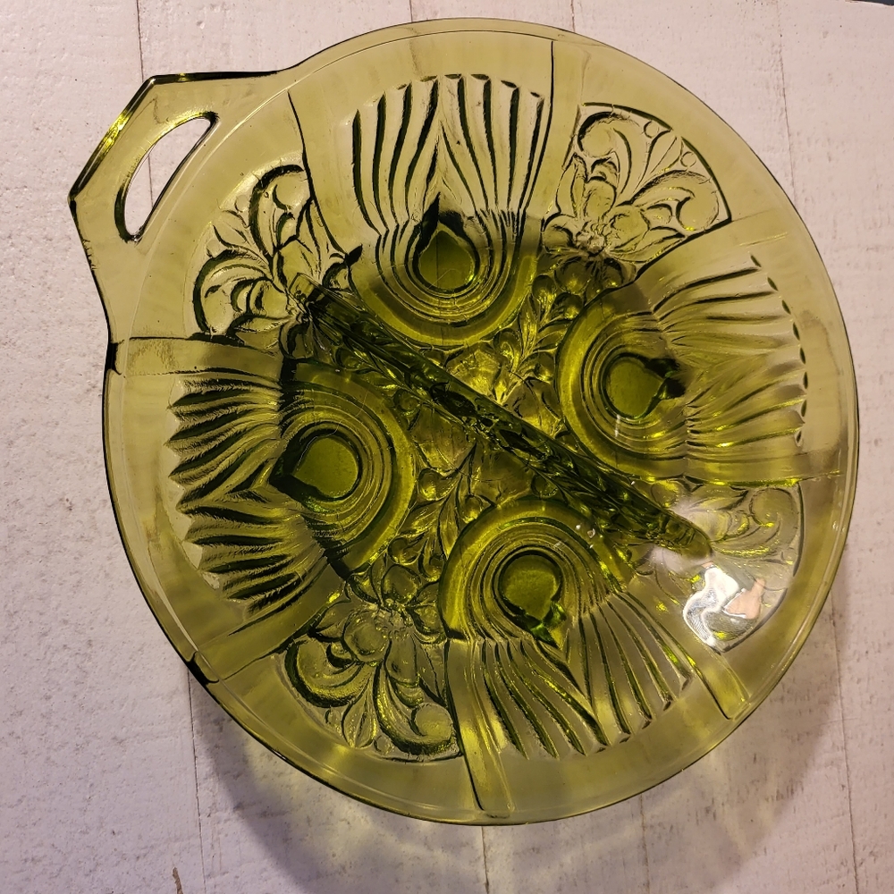 Vtg MCM Indiana Green Glass Divided Plate
